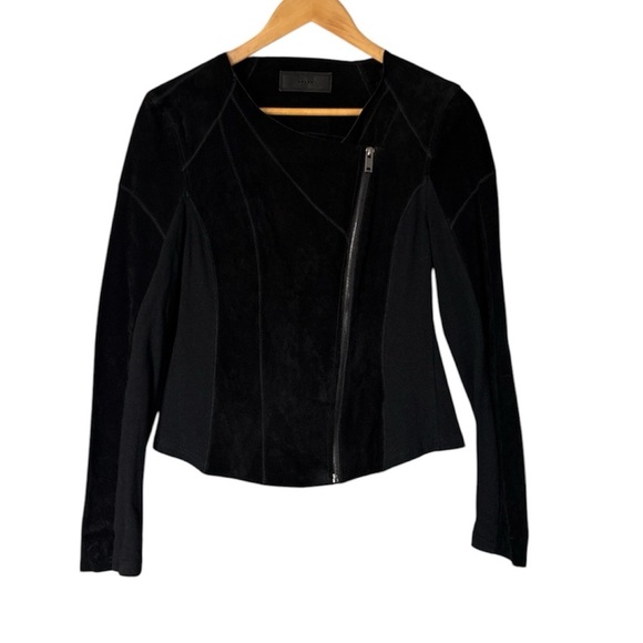BlankNYC Black Suede Leather and Cotton Knit Mix Media Moto Zip Jacket, M - Picture 1 of 8